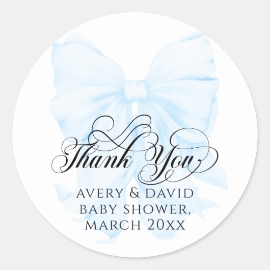 Sticker Rond Blue Bow Moderne Baby shower garçon élégant (Devant)