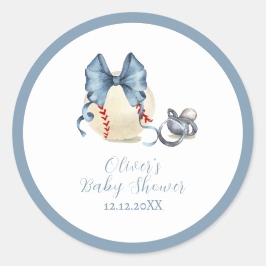 Sticker Rond Blue Bow Pacifier Baseball Sport Baby Shower  (Devant)