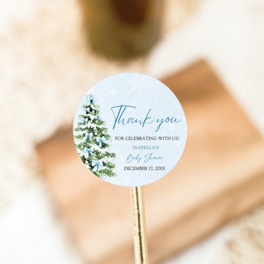 Sticker Rond Blue Bows Christmas Tree Girl Baby shower d'hiver