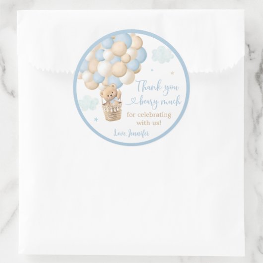 Sticker Rond Blue Boy Teddy Bear Hot Air Baby shower (Sac)