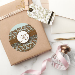 Sticker Rond Blue Brown dentelle Damask Vintage Floral Mariage