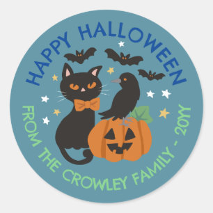 Sticker Rond Blue Cat Citrouille Raven Happy Halloween