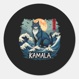 Sticker Rond Blue Cats Wave For Kamala Funny