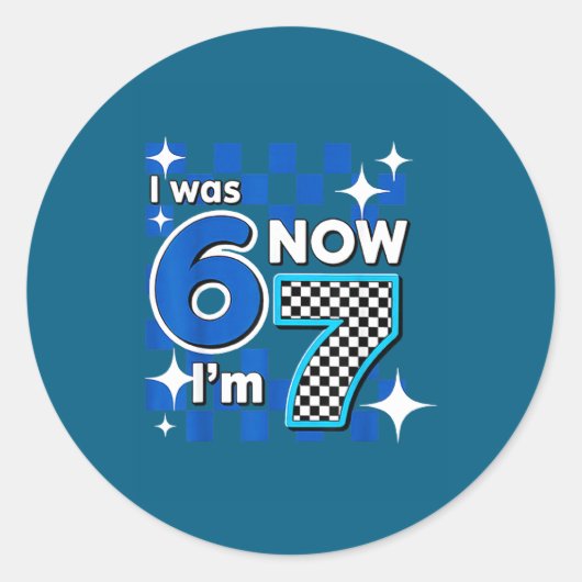 Sticker Rond Blue Checkered I Was 6 Now I'm 7 Birthday  (Devant)