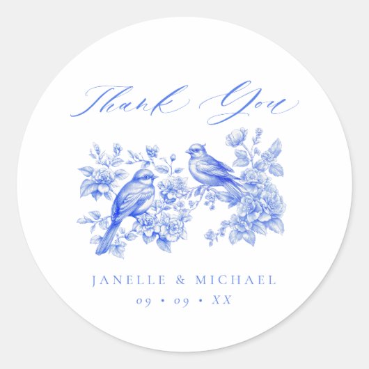 Sticker Rond Blue Chinoiserie Inséparables Vintages Mariage (Devant)