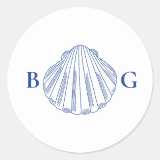 Sticker Rond Blue Clam Seashells Coastal Seaside Beach Wedding