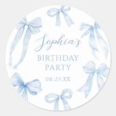 Sticker Rond Blue Coquette Bow Girl Birthday Party (Devant)