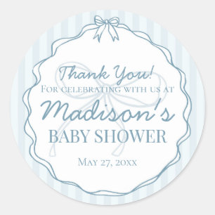 Sticker Rond Blue Coquette Bow Pastel Baby shower rayé Favorise