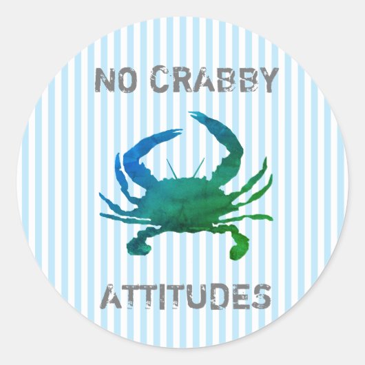 Sticker Rond Blue Crab Nautical No Crabby Attitudes (Devant)