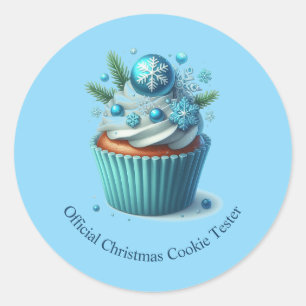 Sticker Rond Blue Cupcake Official Christmas Cookie Tester