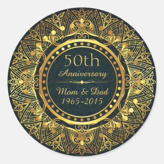 Sticker Rond Blue Damask et Gold 50e anniversaire de Mariage (Devant)
