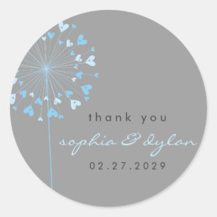 Sticker Rond Blue Dandelion Flower Love Hearts Mariage d'été