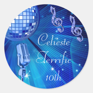 Sticker Rond Blue Disco Ball et rétro Microphone 10e anniversai