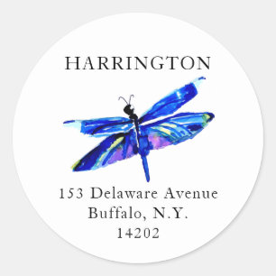 Sticker Rond Blue Dragonfly Artistic Watercolor Adresse de reto