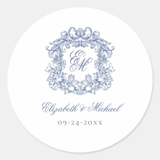 Sticker Rond Blue Elegant Vintage Monogram Crest Wedding (Devant)