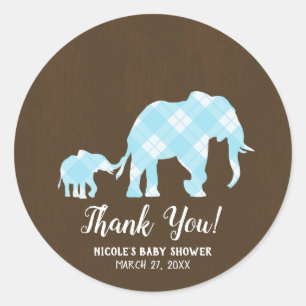 Sticker Rond Blue Elephants Brown tendance Baby shower moderne