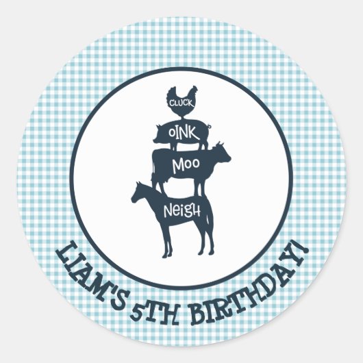 Sticker Rond Blue En vichy Agritourisme Thème Animal Anniversai (Devant)