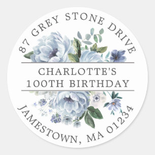 Sticker Rond Blue Floral 100th Birthday Adresse de retour Label