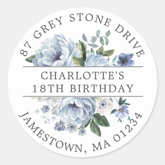 Sticker Rond Blue Floral 18th Birthday Adresse de retour (Devant)