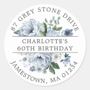 Sticker Rond Blue Floral 60th Birthday Adresse de retour Label
