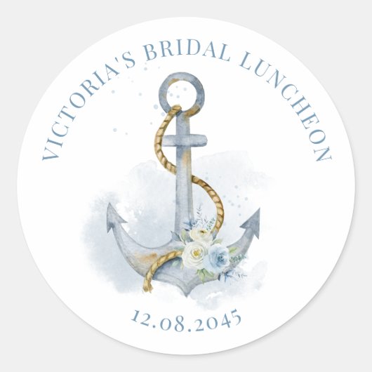 Sticker Rond Blue Floral Anchor Nautical Bridal Luncheon (Devant)