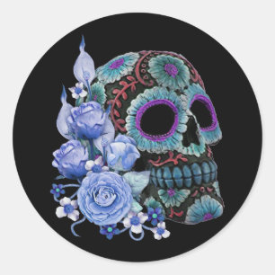 Sticker Rond Blue Floral Black Sugar Skull Jour des morts