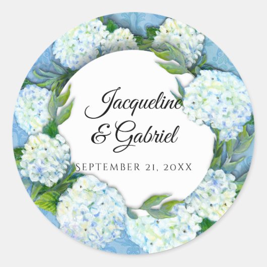 Sticker Rond Blue Floral Blanc Hydrangea Leaf Mariage damassé (Devant)