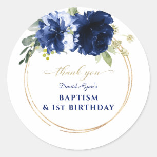 Sticker Rond Blue Floral Gold Boy 1er Anniversaire Baptême