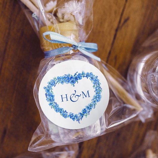 Sticker Rond Blue forget me nots inked art wedding monogram