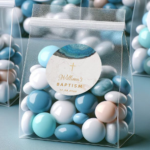Sticker Rond Blue Geode Boy Baptême Marbre blanc Gold Cross