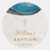 Sticker Rond Blue Geode Boy Baptême Marbre blanc Gold Cross (Devant)