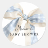 Sticker Rond Blue Gingham Checks Cute Bow Baby Shower (Devant)
