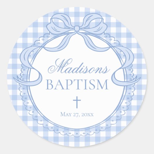 Sticker Rond Blue Gingham Coquette Bow Baptism Envelope Seal (Devant)
