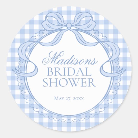 Sticker Rond Blue Gingham Coquette Bow Bridal Shower Seal (Devant)