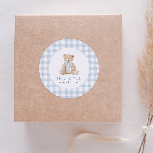 Sticker Rond Blue Gingham Teddy Bear Baby Shower