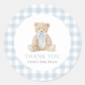 Sticker Rond Blue Gingham Teddy Bear Baby Shower (Devant)