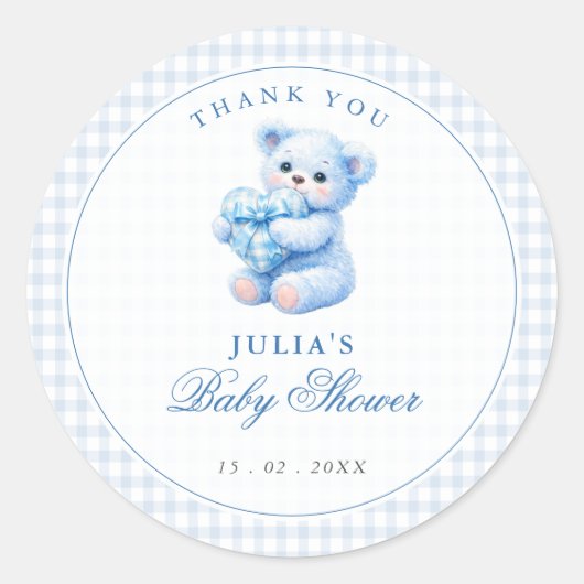 Sticker Rond Blue Gingham Teddy Bear Neutral Baby Shower (Devant)