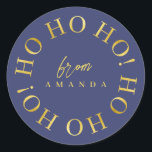 Sticker Rond Blue Gold Christmas Ho Ho Ho ID1009<br><div class="desc">Si vous vous demandez quelles combinaisons de couleurs choisir pour votre décoration de Noël et vos fournitures d'enveloppement cadeau cette année, j'ai créé des collections de motifs de coordination pour rendre la vie un peu plus facile. Cet élégant design typographique de Noël présente "Ho Ho Ho" dans un motif circulaire...</div>