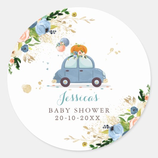 Sticker Rond Blue & Gold Citrouille Drive By Baby shower faveur (Devant)