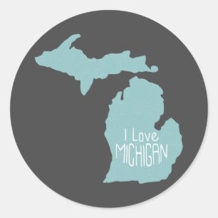 Sticker Rond Blue Grey I Love Michigan Silhouette