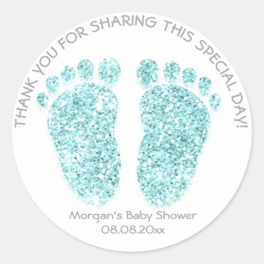 Sticker Rond Blue GreyGlitter Pieds Baby shower Favoriser Cadea (Devant)