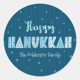Sticker Rond Blue Happy Hanoukka Typographie Star David Nom