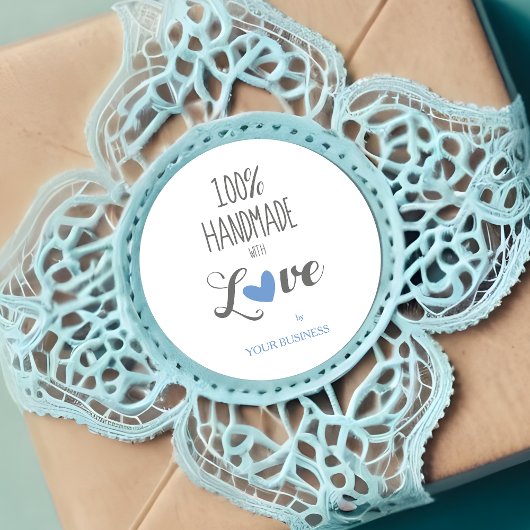 Sticker Rond Blue Heart 100% Handmade with Love Quote