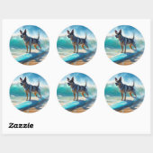 Sticker Rond Blue Heeler Beach Surfing Peinture (Feuille)