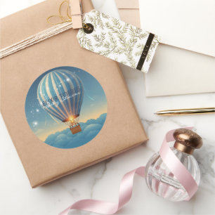 Sticker Rond Blue Hot Air Balloon Adventure Attend Baby shower