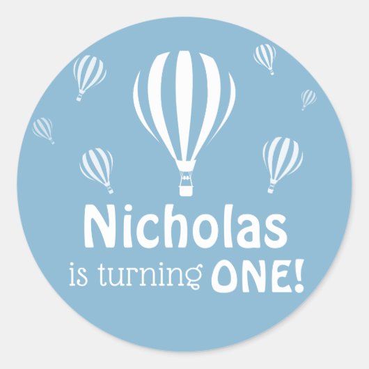Sticker Rond Blue Hot Air Balloons Baby's First Birthday (Devant)