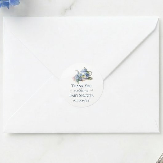 Sticker Rond Blue Hydrangea Baby shower Tea Party Merci