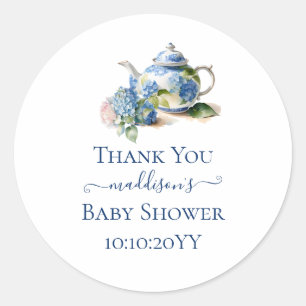 Sticker Rond Blue Hydrangea Baby shower Tea Party Merci