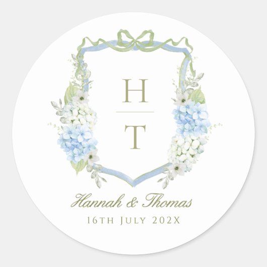 Sticker Rond Blue Hydrangea Crest Wedding Monogram (Devant)