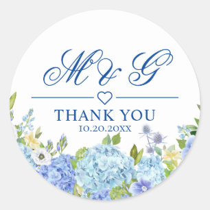 Sticker Rond Blue Hydrangea Floral Greenery Merci Mariage